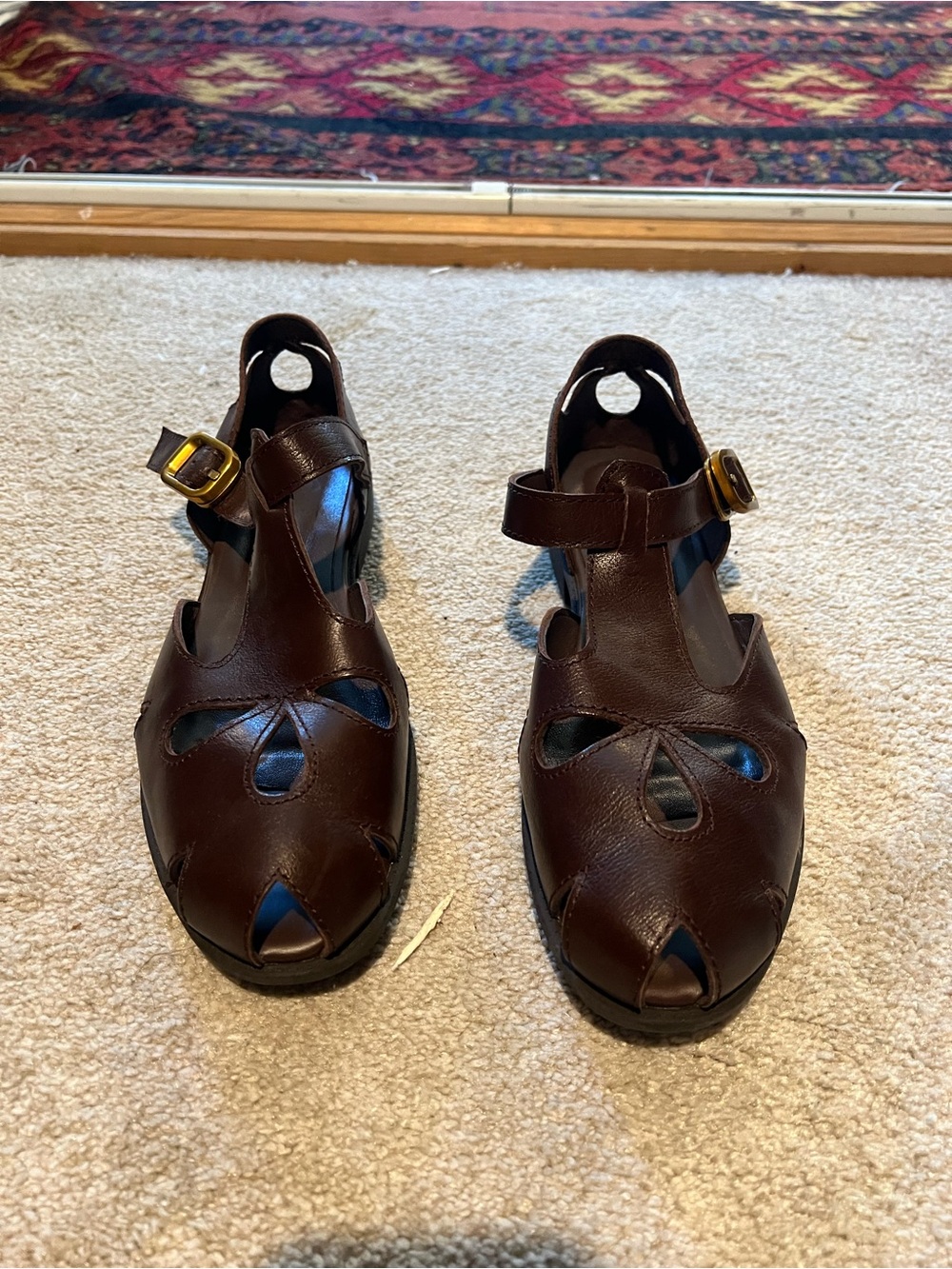 Brown Leather Cutout Mary Jane Sandals